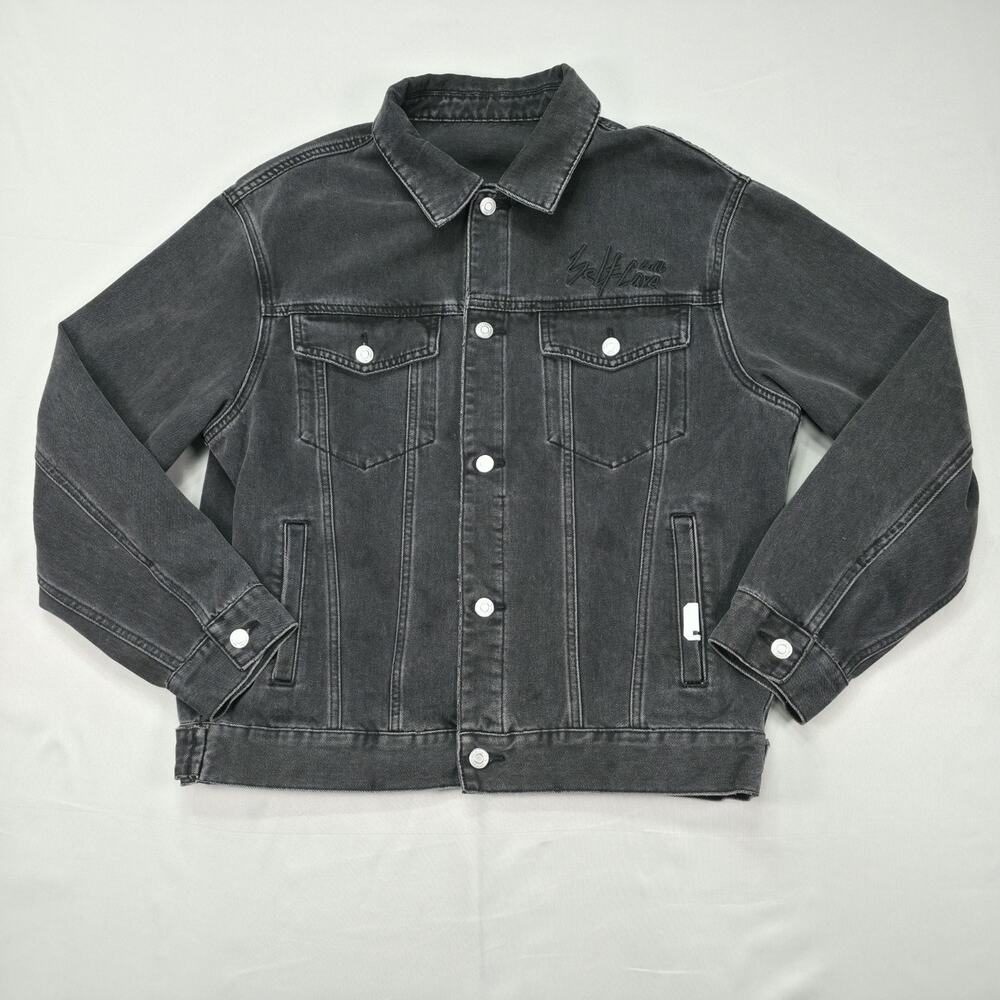 GXG Mens L Denim Trucker Jacket Black Wash Embroidered Graphic Back Streetwear